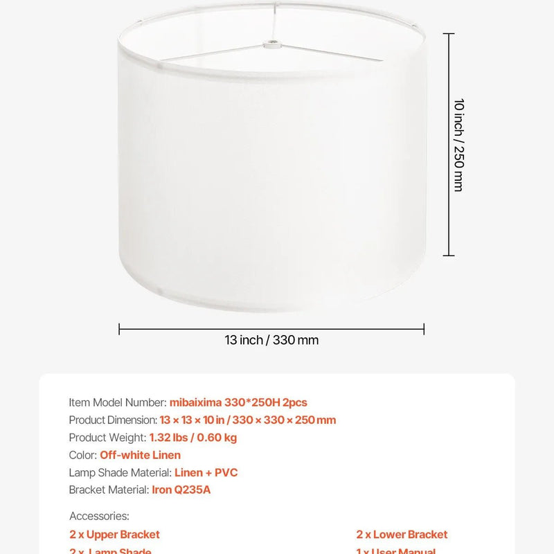 VEVOR cilindrisks lina lampas abažūrs 2 gab., Ø33 cm augša × Ø33 cm apakša × 25 cm augstums, vidēja izmēra abažūrs galda, grīdas un piekaramajām lampām, balts - ZEMLETES.LV
