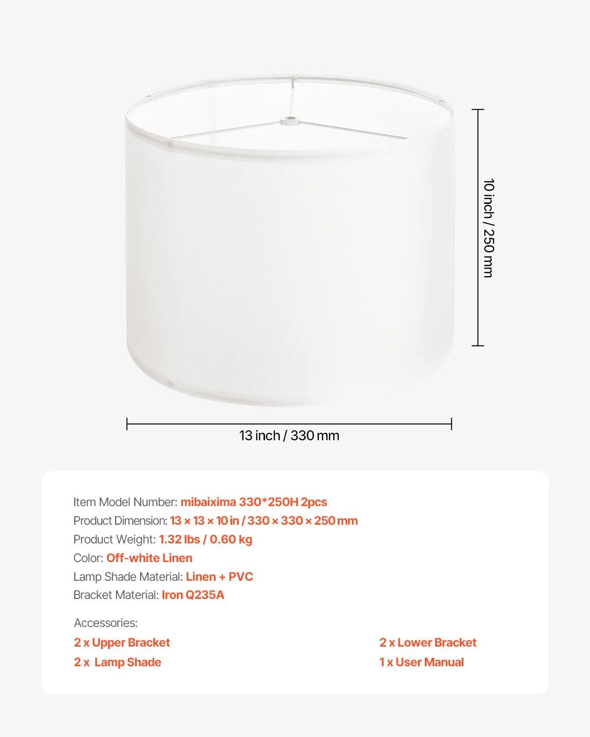 VEVOR cilindrisks lina lampas abažūrs 2 gab., Ø33 cm augša × Ø33 cm apakša × 25 cm augstums, vidēja izmēra abažūrs galda, grīdas un piekaramajām lampām, balts - ZEMLETES.LV