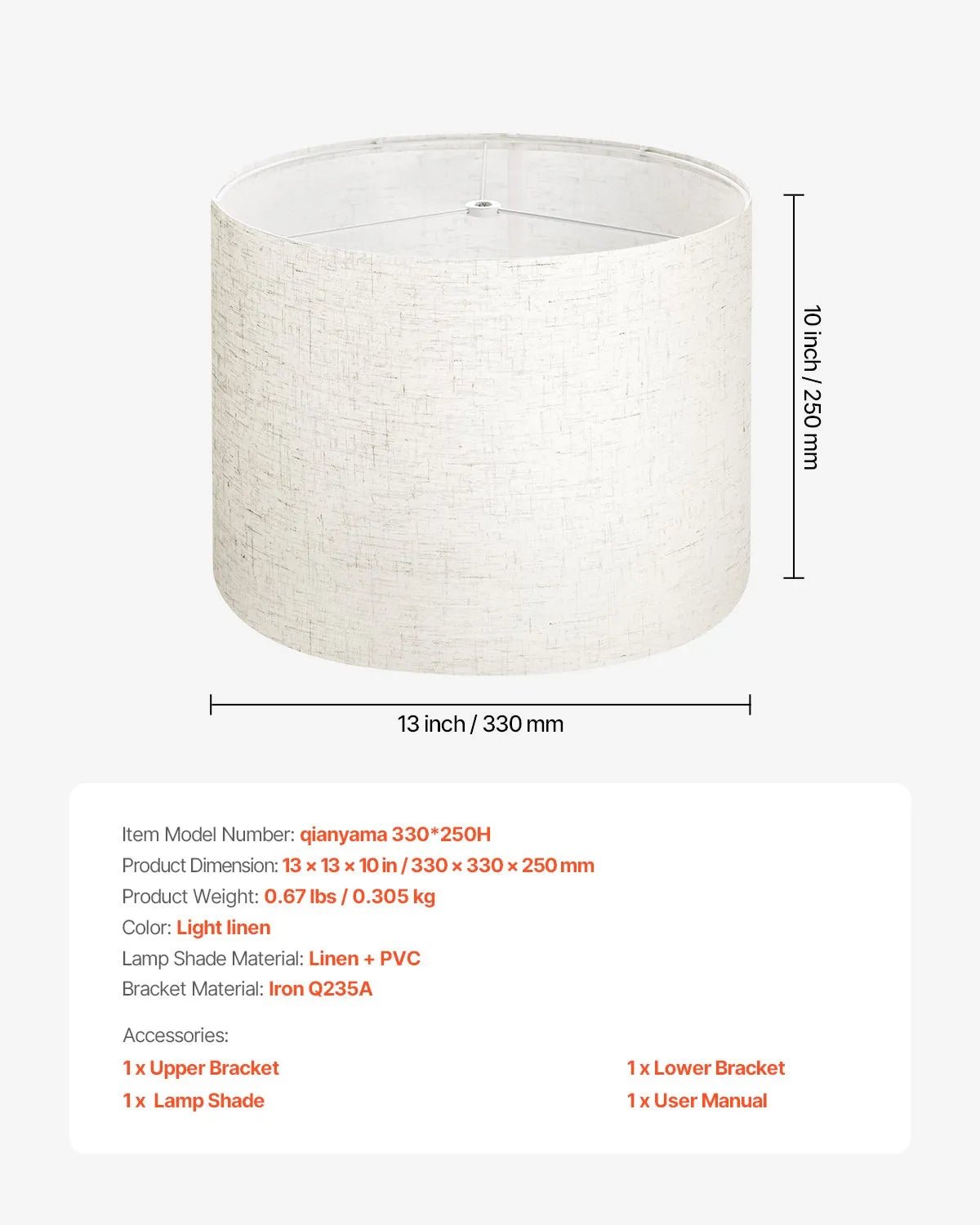 VEVOR cilindrisks lina lampas abažūrs Ø33 cm augša × Ø33 cm apakša × 25 cm augstums, vidēja izmēra abažūrs galda, grīdas un piekaramajām lampām, gaišs lins - ZEMLETES.LV
