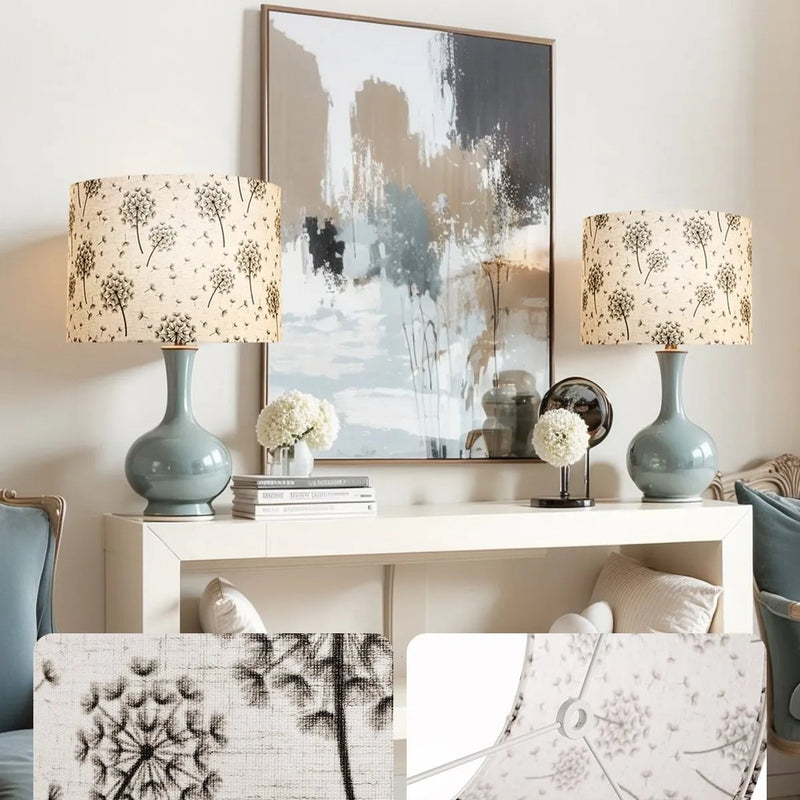 VEVOR cilindrisks lina lampas abažūrs 2 gab., Ø33 cm augša × Ø33 cm apakša × 25 cm augstums, vidēja izmēra abažūrs galda un grīdas lampām, gaišs pienenes raksts - ZEMLETES.LV