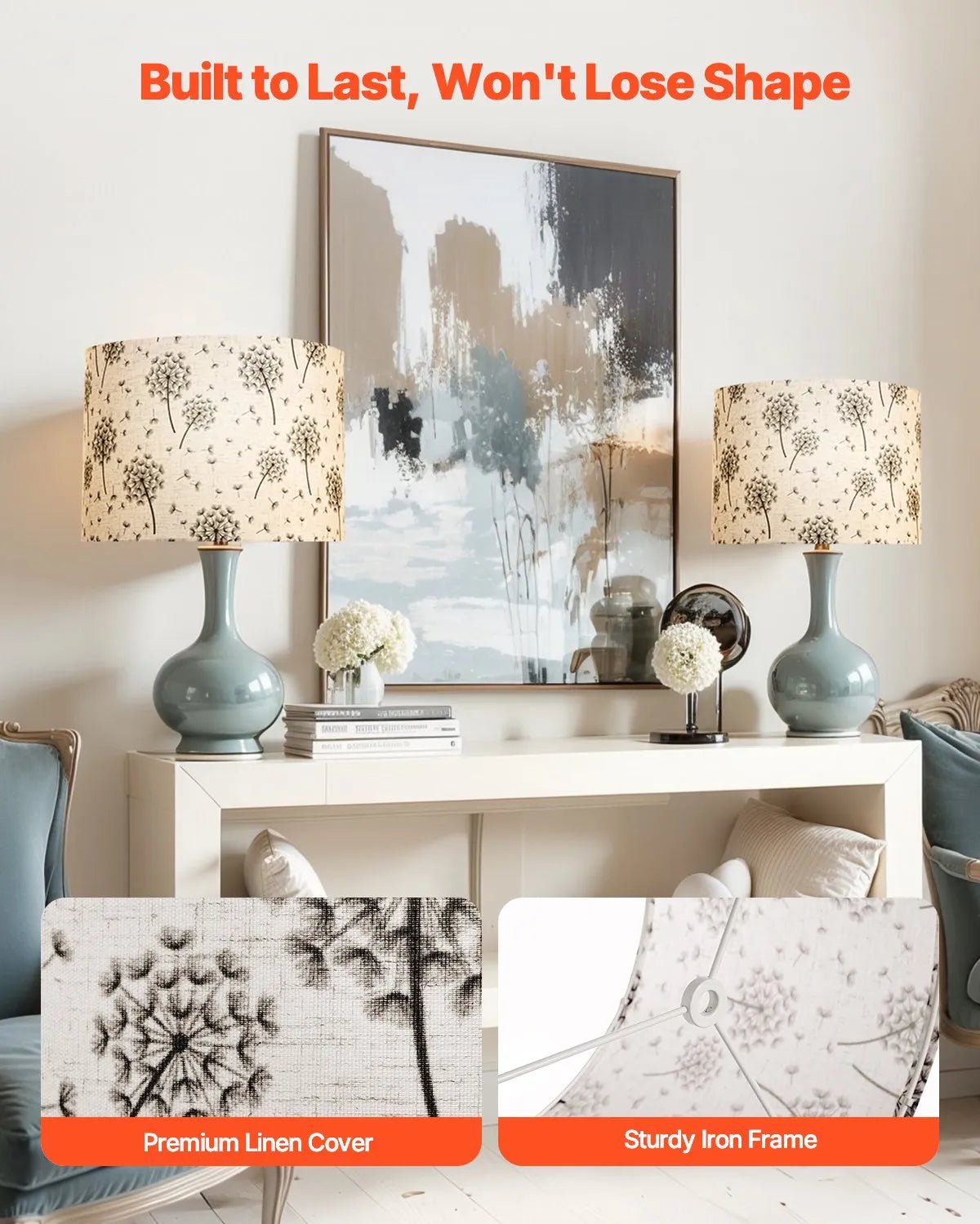 VEVOR cilindrisks lina lampas abažūrs 2 gab., Ø33 cm augša × Ø33 cm apakša × 25 cm augstums, vidēja izmēra abažūrs galda un grīdas lampām, gaišs pienenes raksts - ZEMLETES.LV