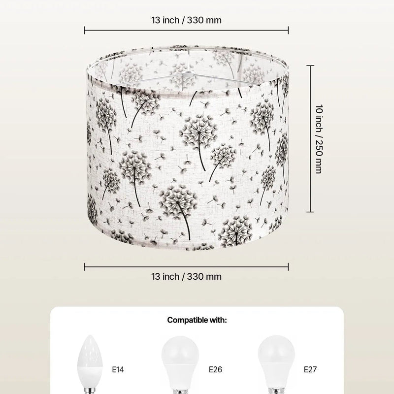 VEVOR cilindrisks lina lampas abažūrs 2 gab., Ø33 cm augša × Ø33 cm apakša × 25 cm augstums, vidēja izmēra abažūrs galda un grīdas lampām, gaišs pienenes raksts - ZEMLETES.LV