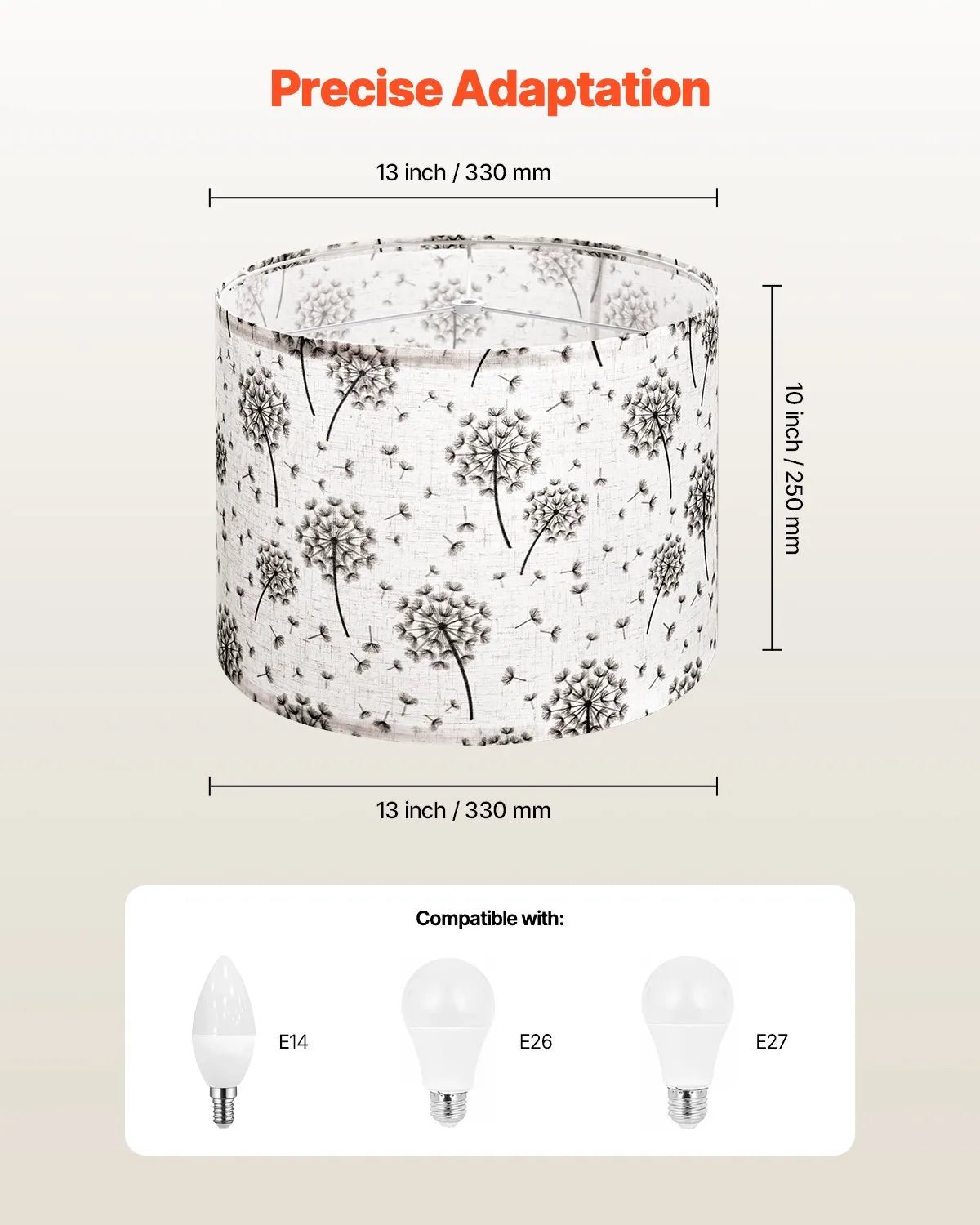 VEVOR cilindrisks lina lampas abažūrs 2 gab., Ø33 cm augša × Ø33 cm apakša × 25 cm augstums, vidēja izmēra abažūrs galda un grīdas lampām, gaišs pienenes raksts - ZEMLETES.LV