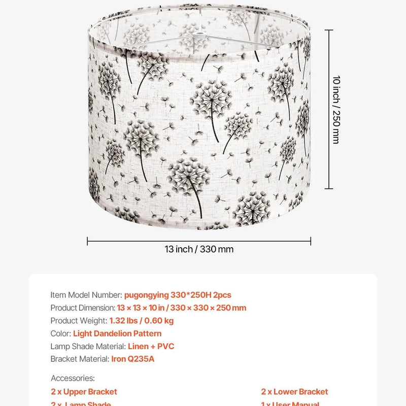 VEVOR cilindrisks lina lampas abažūrs 2 gab., Ø33 cm augša × Ø33 cm apakša × 25 cm augstums, vidēja izmēra abažūrs galda un grīdas lampām, gaišs pienenes raksts - ZEMLETES.LV