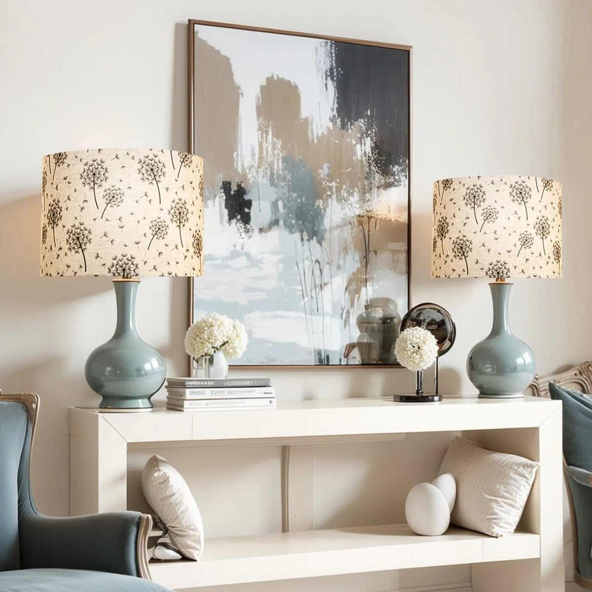 VEVOR cilindrisks lina lampas abažūrs 2 gab., Ø33 cm augša × Ø33 cm apakša × 25 cm augstums, vidēja izmēra abažūrs galda un grīdas lampām, gaišs pienenes raksts - ZEMLETES.LV
