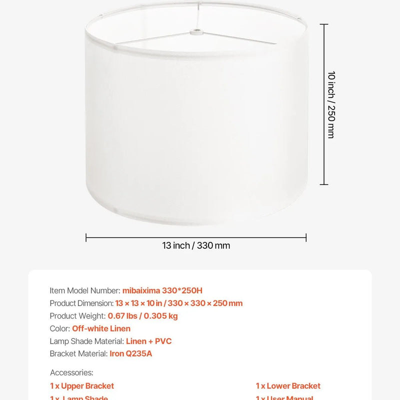 VEVOR cilindrisks lina lampas abažūrs Ø33 cm augša × Ø33 cm apakša × 25 cm augstums, vidēja izmēra abažūrs galda, grīdas un piekaramajām lampām, balts lins - ZEMLETES.LV