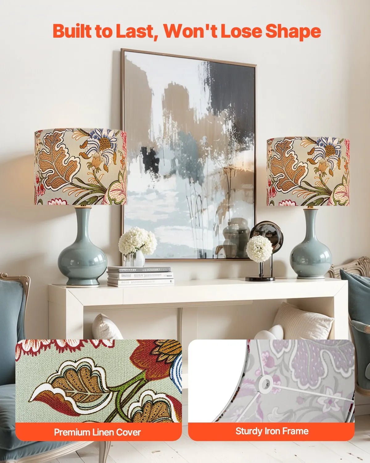 VEVOR cilindrisks lina lampas abažūrs 2 gab., Ø33 cm augša × Ø33 cm apakša × 25 cm augstums, vidēja izmēra abažūrs galda, grīdas un piekaramajām lampām, tumšs ziedu raksts - ZEMLETES.LV
