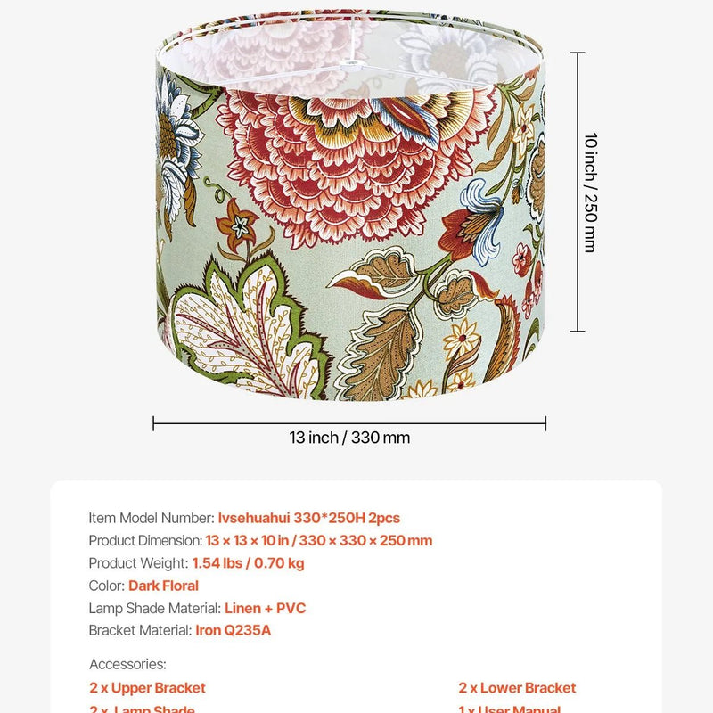 VEVOR cilindrisks lina lampas abažūrs 2 gab., Ø33 cm augša × Ø33 cm apakša × 25 cm augstums, vidēja izmēra abažūrs galda, grīdas un piekaramajām lampām, tumšs ziedu raksts - ZEMLETES.LV