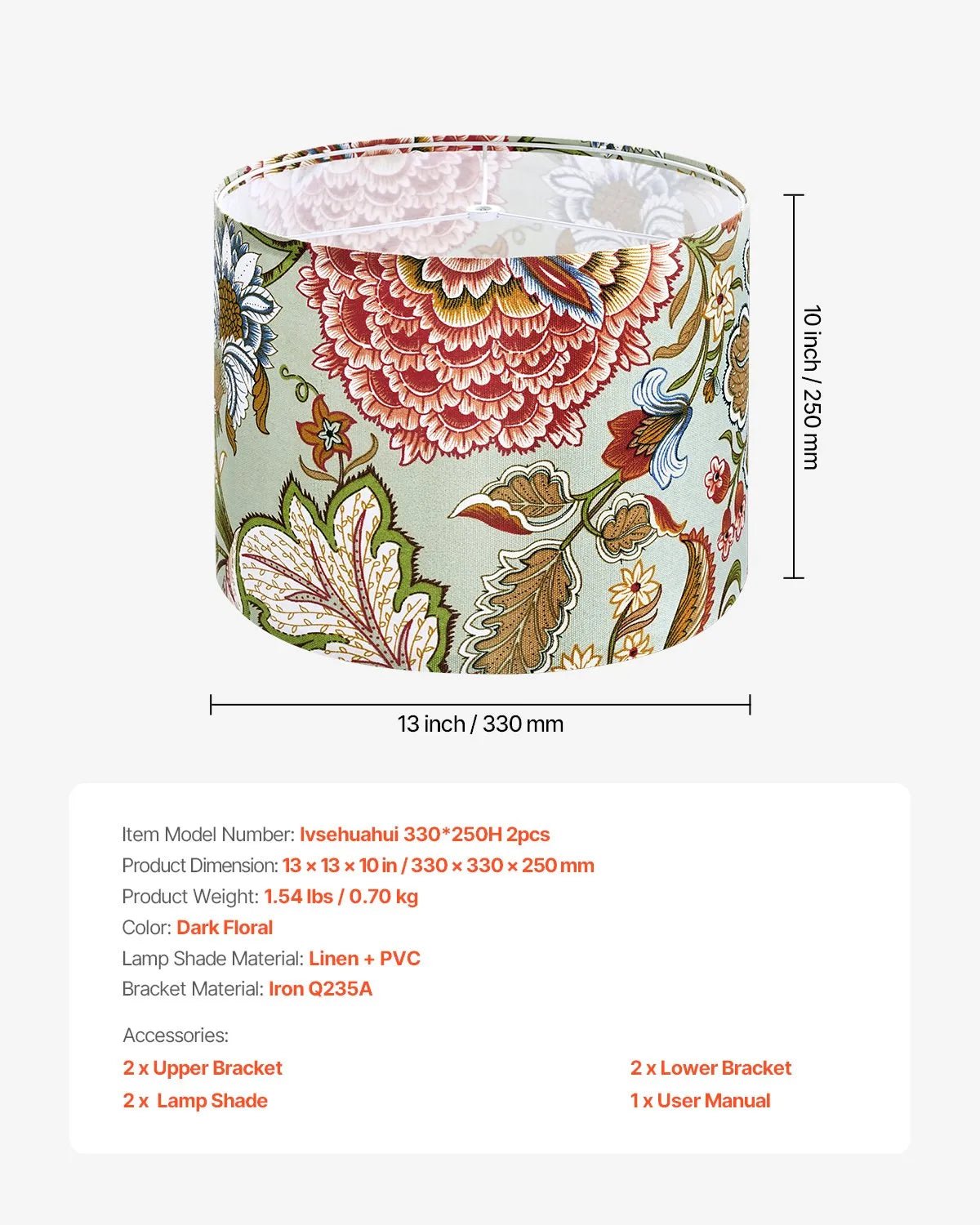 VEVOR cilindrisks lina lampas abažūrs 2 gab., Ø33 cm augša × Ø33 cm apakša × 25 cm augstums, vidēja izmēra abažūrs galda, grīdas un piekaramajām lampām, tumšs ziedu raksts - ZEMLETES.LV