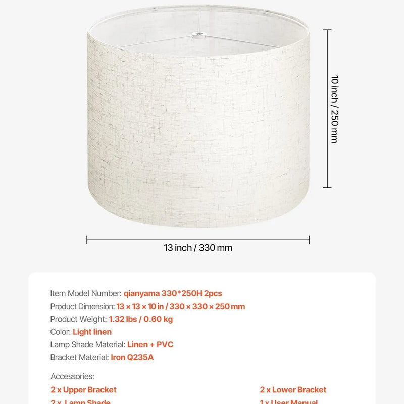 VEVOR cilindrisks lina lampas abažūrs 2 gab., Ø33 cm augša × Ø33 cm apakša × 25 cm augstums, vidēja izmēra abažūrs galda, grīdas un piekaramajām lampām, gaišs lins - ZEMLETES.LV