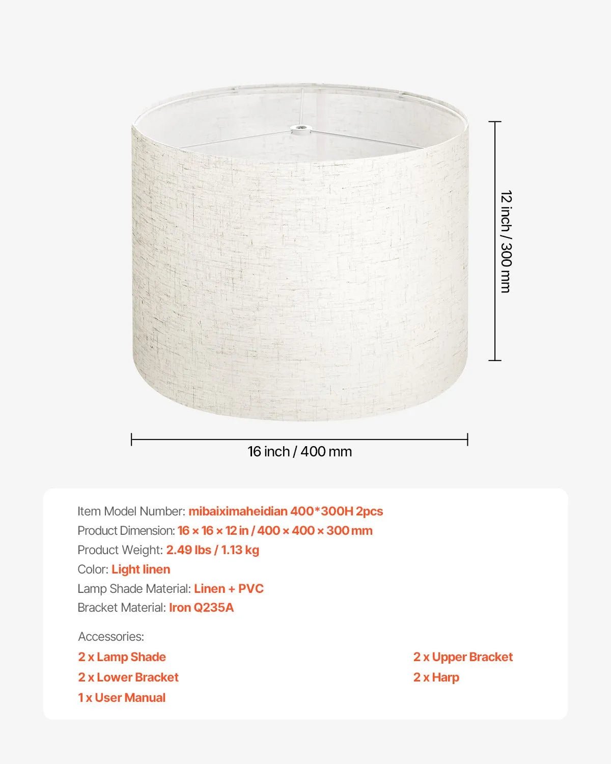 VEVOR cilindrisks lina lampas abažūrs 2 gab., Ø41 cm augša × Ø41 cm apakša × 30 cm augstums, liela izmēra abažūrs ar turētāju galda, grīdas un piekaramajām lampām, gaišs lins - ZEMLETES.LV