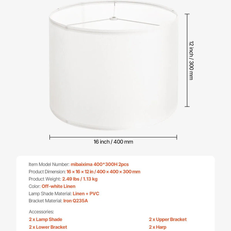 VEVOR cilindrisks lampas abažūrs 2 gab., Ø41 cm augša × Ø41 cm apakša × 30 cm augstums, liela izmēra abažūrs ar turētāju galda, grīdas un piekaramajām lampām, balts - ZEMLETES.LV
