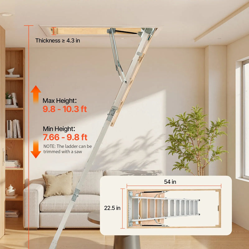 VEVOR bēniņu kāpnes ar 170 kg celtspēju, regulējams augstums 3–3,13 m, daudzfunkcionālas salokāmas alumīnija kāpnes, piemērotas griestu augstumam 2,34–3,12 m, ērtai piekļuvei bēniņiem - ZEMLETES.LV