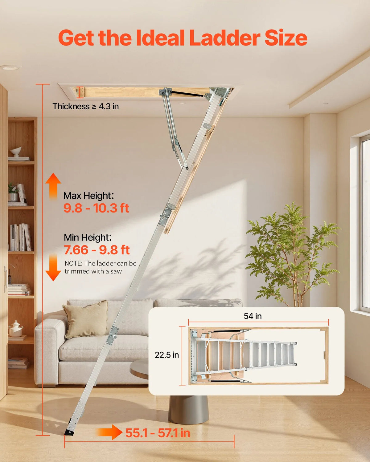 VEVOR bēniņu kāpnes ar 170 kg celtspēju, regulējams augstums 3–3,13 m, daudzfunkcionālas salokāmas alumīnija kāpnes, piemērotas griestu augstumam 2,34–3,12 m, ērtai piekļuvei bēniņiem - ZEMLETES.LV