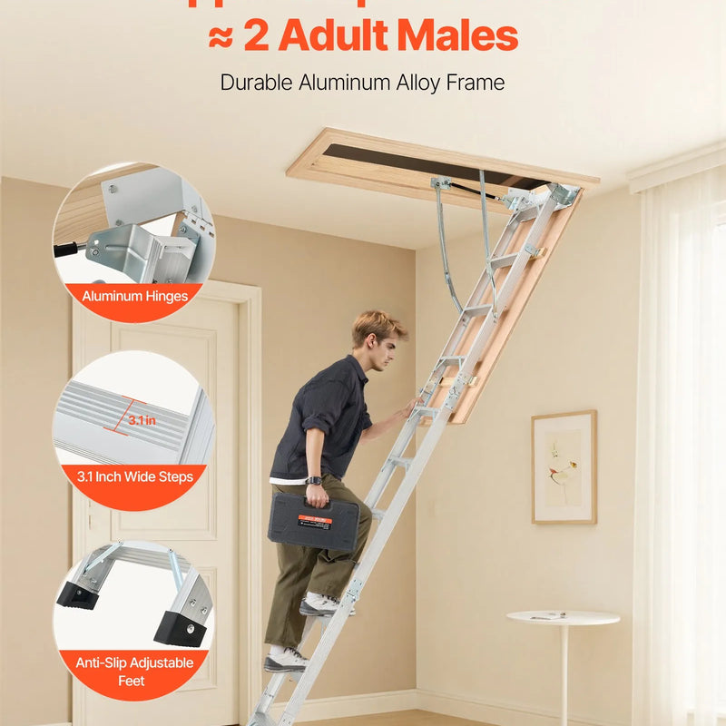 VEVOR bēniņu kāpnes ar 170 kg celtspēju, regulējams augstums 3–3,13 m, daudzfunkcionālas salokāmas alumīnija kāpnes, piemērotas griestu augstumam 2,34–3,12 m, ērtai piekļuvei bēniņiem - ZEMLETES.LV