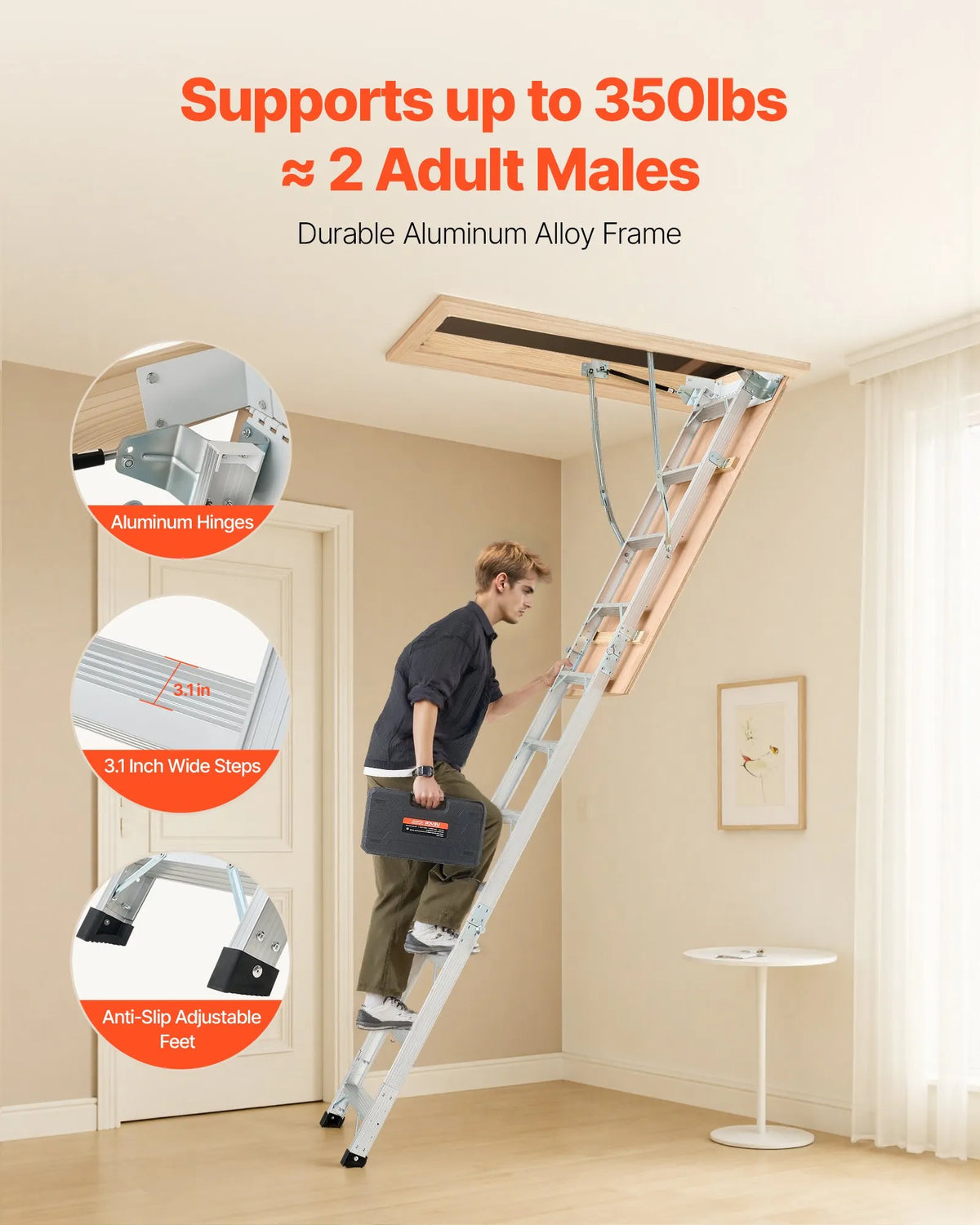 VEVOR bēniņu kāpnes ar 170 kg celtspēju, regulējams augstums 3–3,13 m, daudzfunkcionālas salokāmas alumīnija kāpnes, piemērotas griestu augstumam 2,34–3,12 m, ērtai piekļuvei bēniņiem - ZEMLETES.LV