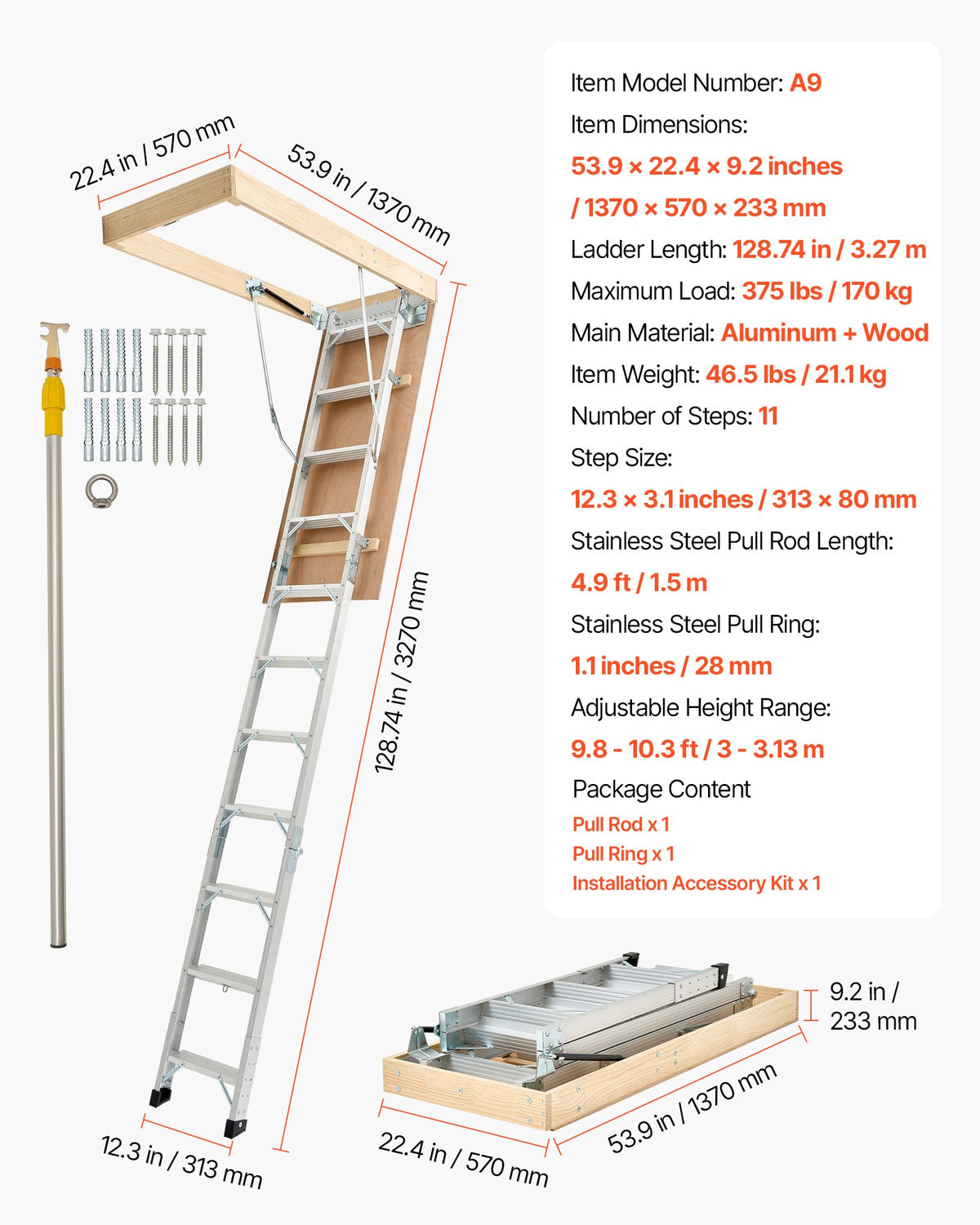 VEVOR bēniņu kāpnes ar 170 kg celtspēju, regulējams augstums 3–3,13 m, daudzfunkcionālas salokāmas alumīnija kāpnes, piemērotas griestu augstumam 2,34–3,12 m, ērtai piekļuvei bēniņiem - ZEMLETES.LV