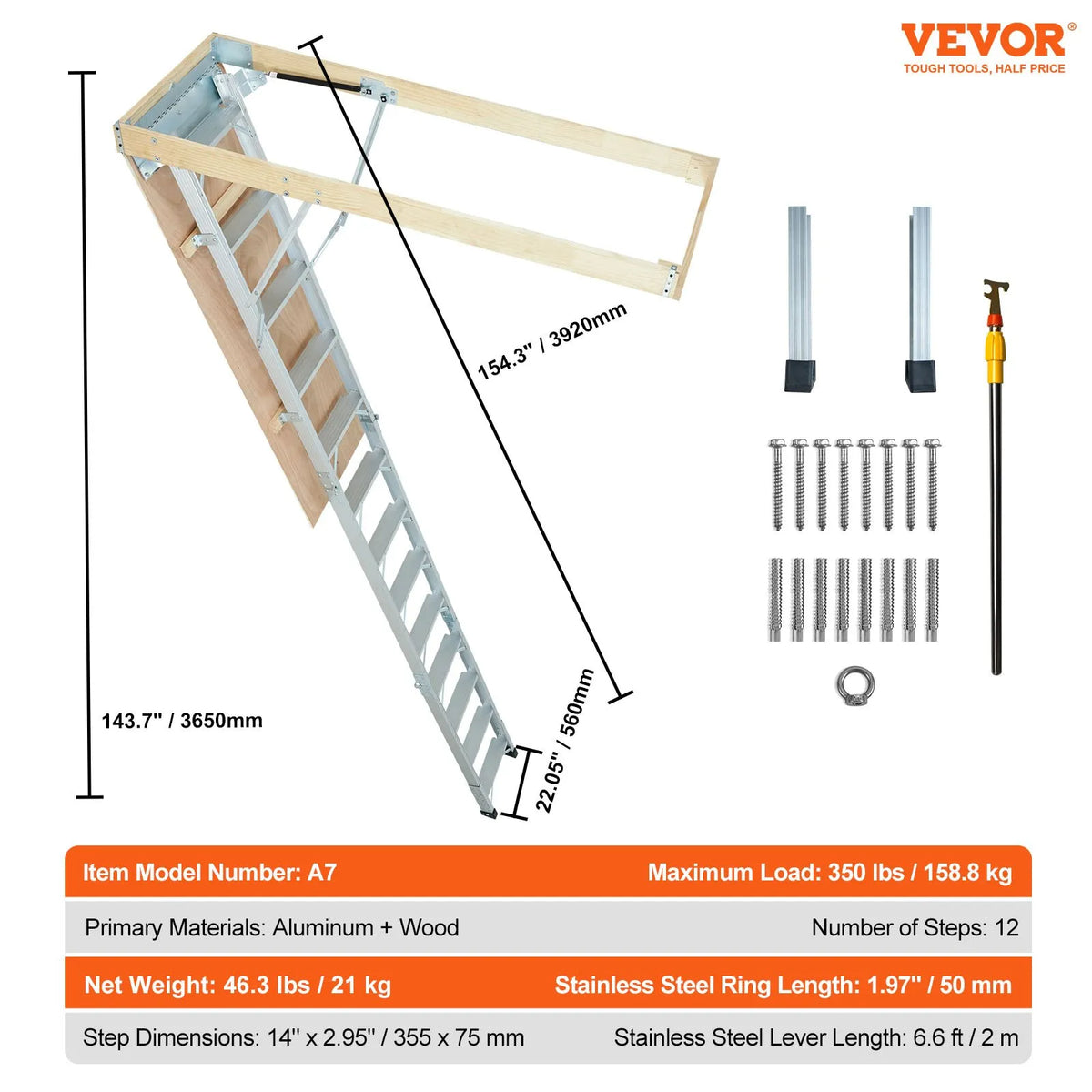 VEVOR salokāmas bēniņu kāpnes ar 158,8 kg celtspēju, 57 × 160 cm, daudzfunkcionālas alumīnija pagarināmās kāpnes, vieglas un pārnēsājamas, piemērotas griestu augstumam 2,9–3,7 m, ērtai piekļuvei bēniņiem - ZEMLETES.LV