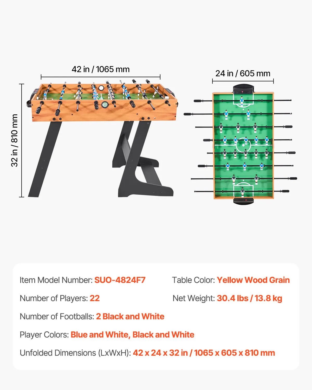 VEVOR salokāms galda futbols 106 cm, standarta izmēra iekštelpu galda futbola galds mājai, ģimenei un spēļu istabai, izturīgs komplekts ar 2 bumbiņām - ZEMLETES.LV