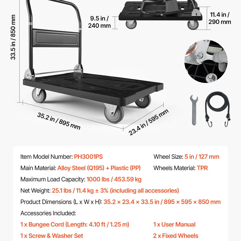 VEVOR salokāmi platformas ratiņi, kravnesība 453,59 kg, ar grozāmiem riteņiem un salokāmu rokturi, kompakta uzglabāšana, 895 × 595 × 850 mm - ZEMLETES.LV