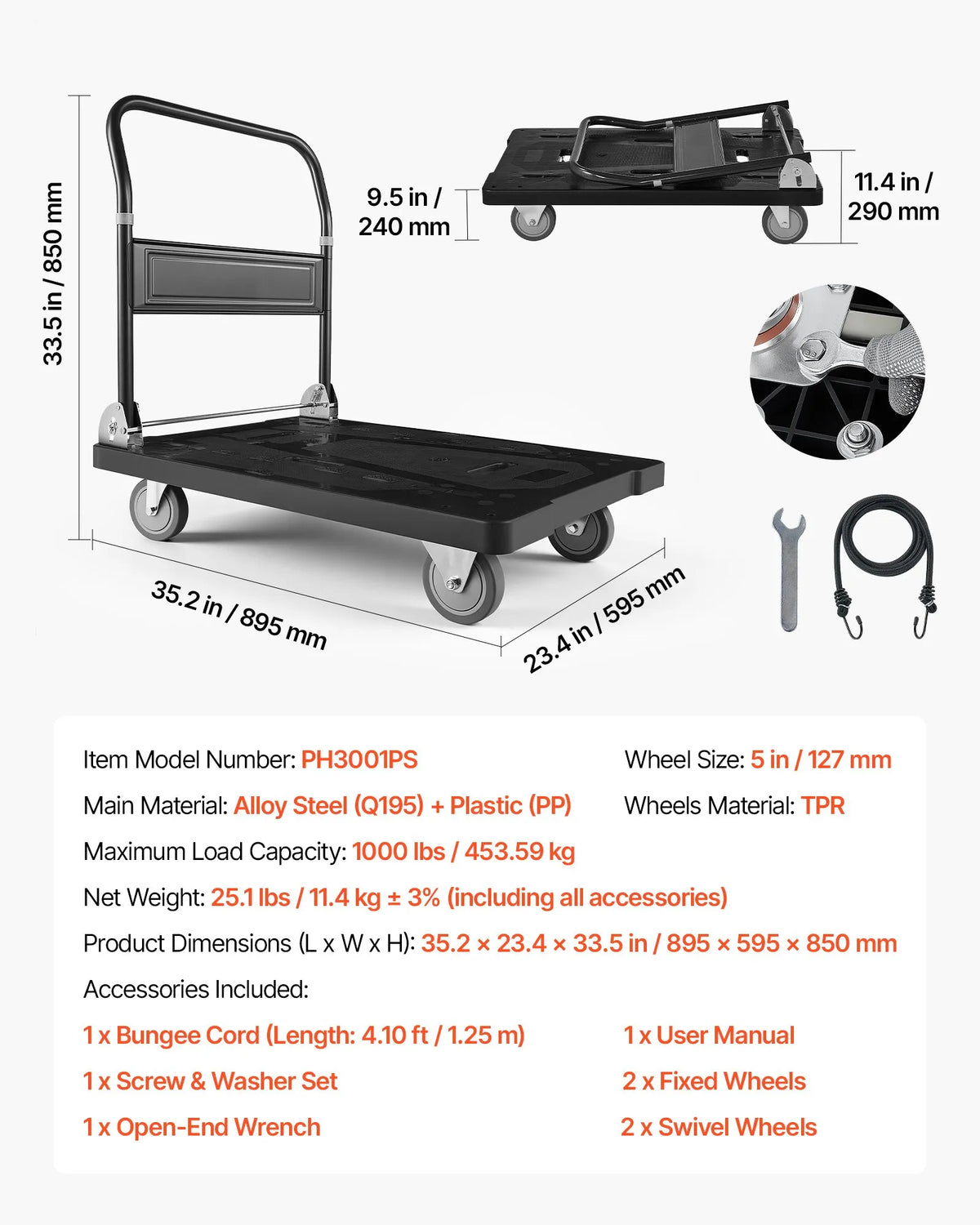 VEVOR salokāmi platformas ratiņi, kravnesība 453,59 kg, ar grozāmiem riteņiem un salokāmu rokturi, kompakta uzglabāšana, 895 × 595 × 850 mm - ZEMLETES.LV