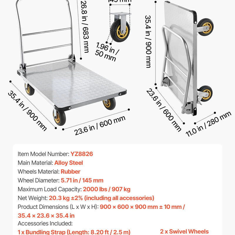 VEVOR platformas ratiņi, kravnesība 907,18 kg, smagas slodzes tērauda plakanie ratiņi ar grozāmiem riteņiem un rokturi, salokāmi, 900 × 600 × 900 mm - ZEMLETES.LV