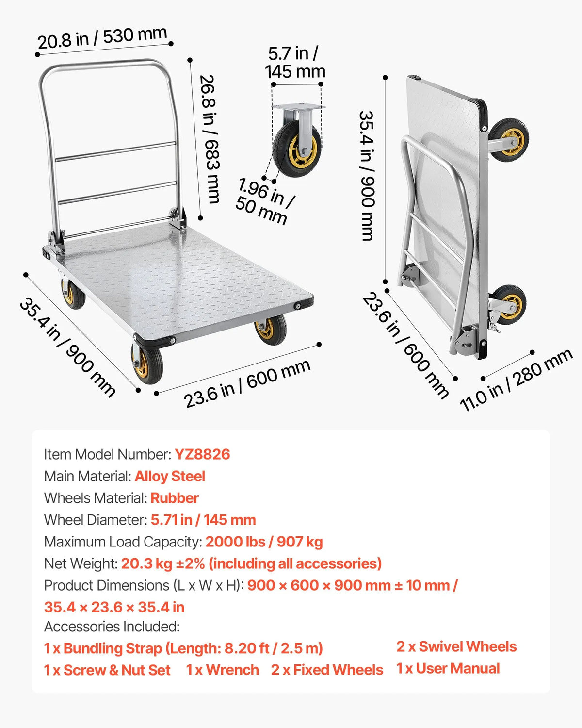 VEVOR platformas ratiņi, kravnesība 907,18 kg, smagas slodzes tērauda plakanie ratiņi ar grozāmiem riteņiem un rokturi, salokāmi, 900 × 600 × 900 mm - ZEMLETES.LV