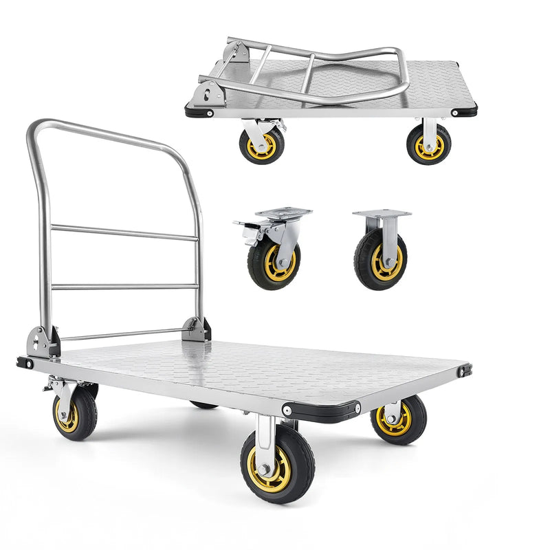 VEVOR platformas ratiņi, kravnesība 907,18 kg, smagas slodzes tērauda plakanie ratiņi ar grozāmiem riteņiem un rokturi, salokāmi, 900 × 600 × 900 mm - ZEMLETES.LV