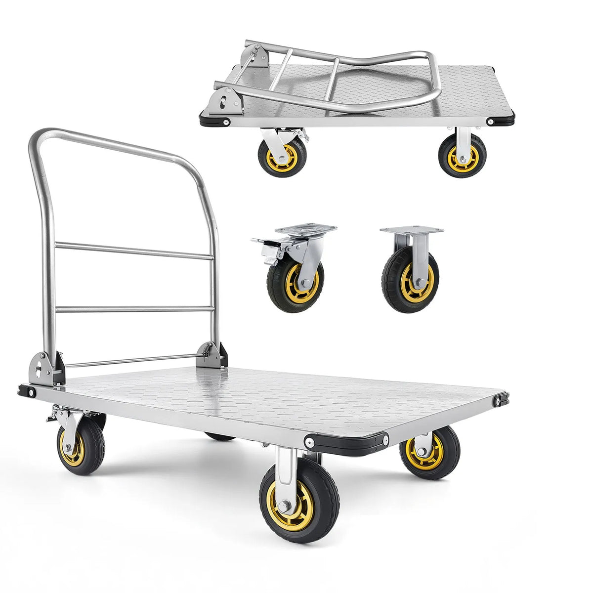 VEVOR platformas ratiņi, kravnesība 907,18 kg, smagas slodzes tērauda plakanie ratiņi ar grozāmiem riteņiem un rokturi, salokāmi, 900 × 600 × 900 mm - ZEMLETES.LV