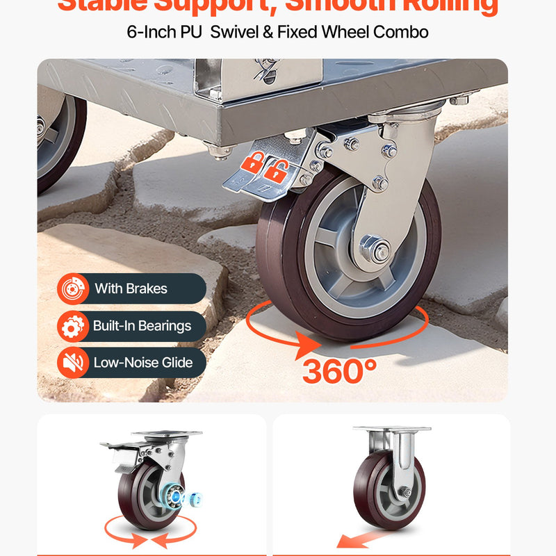 VEVOR platformas ratiņi, kravnesība 1202,02 kg, smagas slodzes plakanie ratiņi ar noņemamu aizsargmargu un grozāmiem riteņiem, salokāmi, 1220 × 610 × 920 mm - ZEMLETES.LV