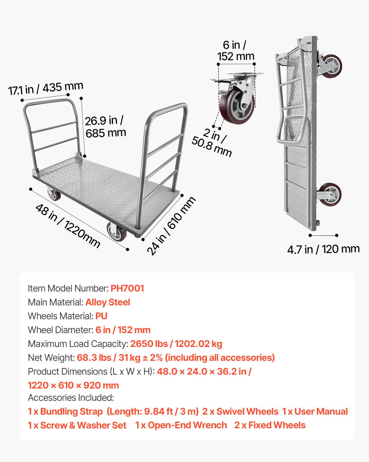 VEVOR platformas ratiņi, kravnesība 1202,02 kg, smagas slodzes plakanie ratiņi ar noņemamu aizsargmargu un grozāmiem riteņiem, salokāmi, 1220 × 610 × 920 mm - ZEMLETES.LV