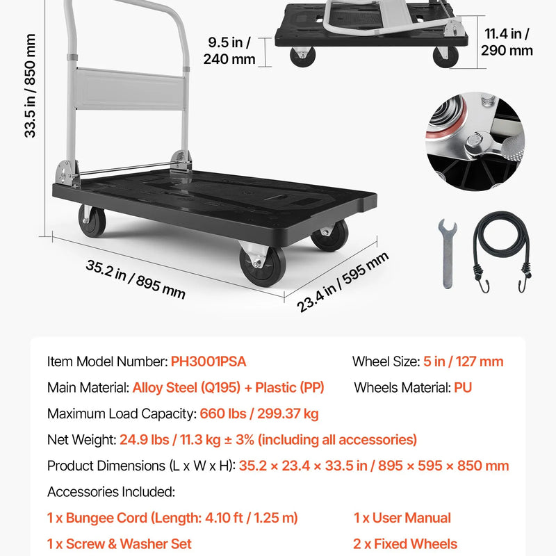 VEVOR salokāmi platformas ratiņi, kravnesība 299,37 kg, ar grozāmiem riteņiem un salokāmu rokturi, kompakta uzglabāšana, 895 × 595 × 850 mm - ZEMLETES.LV
