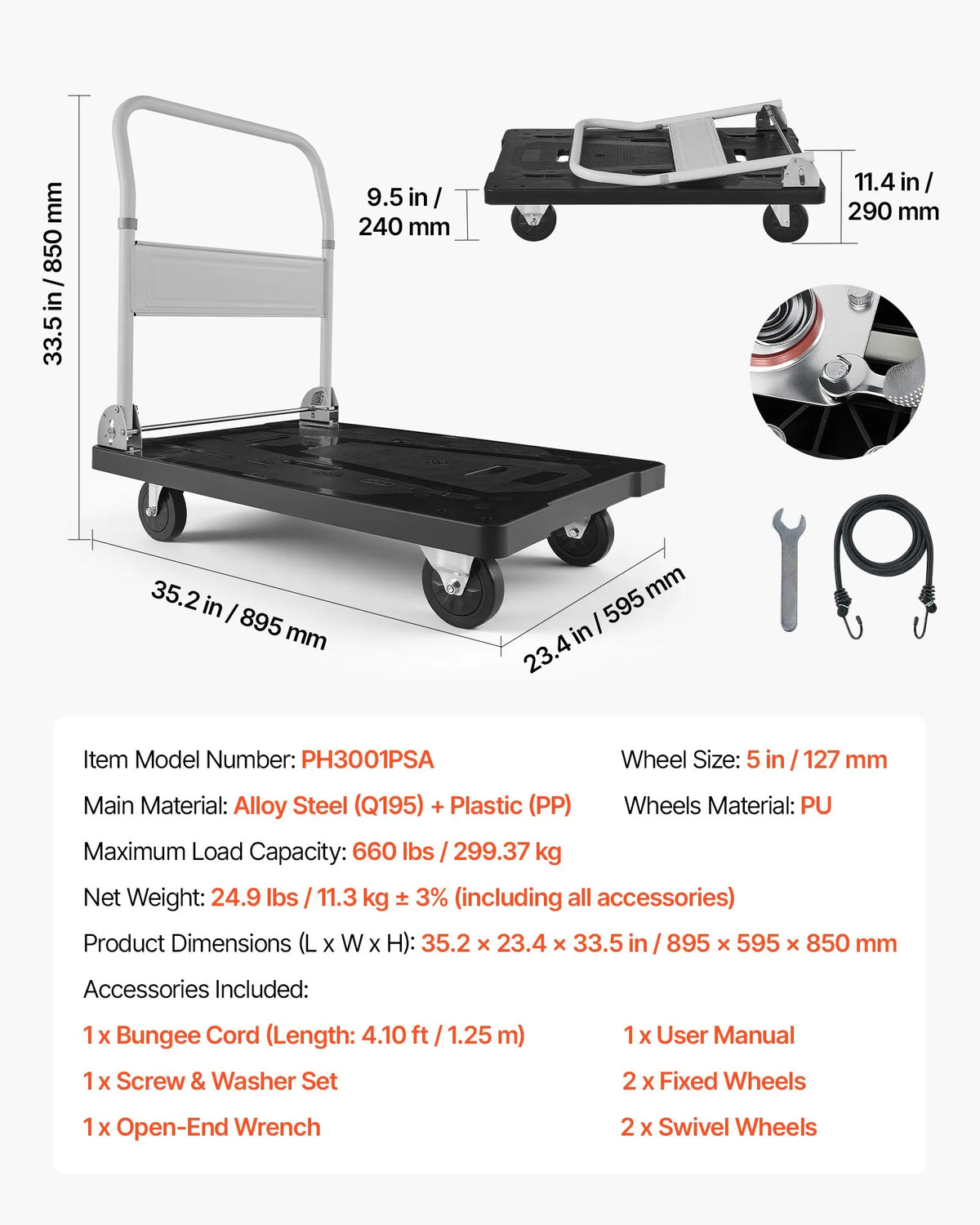 VEVOR salokāmi platformas ratiņi, kravnesība 299,37 kg, ar grozāmiem riteņiem un salokāmu rokturi, kompakta uzglabāšana, 895 × 595 × 850 mm - ZEMLETES.LV