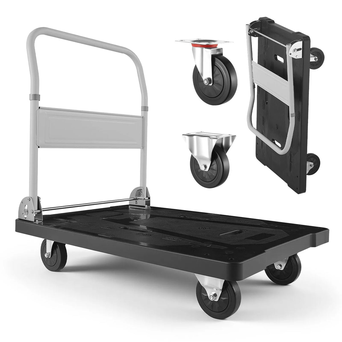 VEVOR salokāmi platformas ratiņi, kravnesība 299,37 kg, ar grozāmiem riteņiem un salokāmu rokturi, kompakta uzglabāšana, 895 × 595 × 850 mm - ZEMLETES.LV