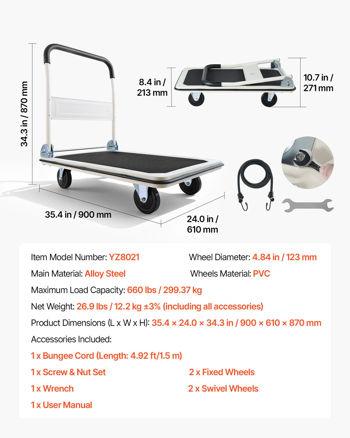 VEVOR salokāmi platformas ratiņi, kravnesība 299,37 kg, ar grozāmiem riteņiem un salokāmu rokturi, kompakta uzglabāšana, 900 × 870 × 610 mm - ZEMLETES.LV