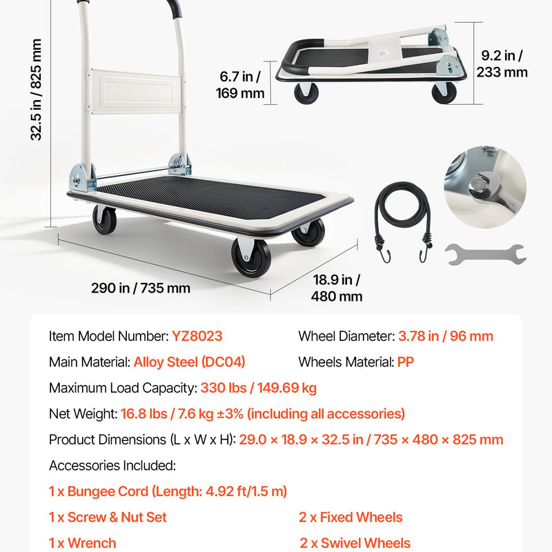 VEVOR salokāmi platformas ratiņi, kravnesība 149,69 kg, ar grozāmiem riteņiem un salokāmu rokturi, kompakta uzglabāšana, 735 × 480 × 825 mm - ZEMLETES.LV