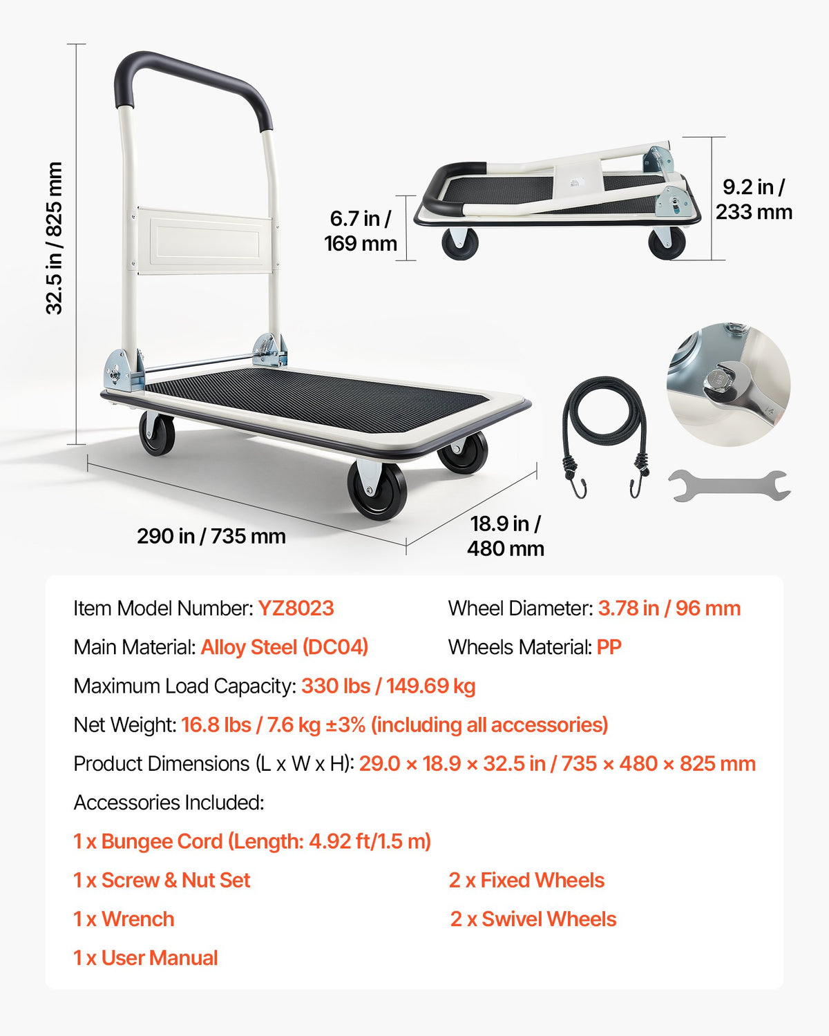 VEVOR salokāmi platformas ratiņi, kravnesība 149,69 kg, ar grozāmiem riteņiem un salokāmu rokturi, kompakta uzglabāšana, 735 × 480 × 825 mm - ZEMLETES.LV