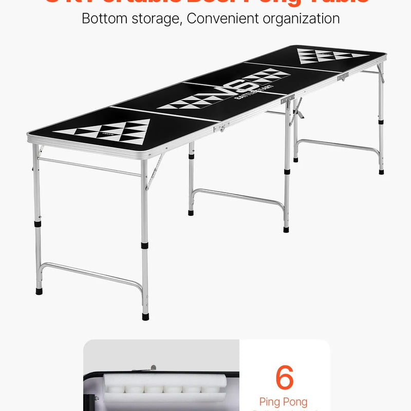 VEVOR 2,4 m pārnēsājams Beer Pong galds, salokāms ballīšu galds ar pārnēsāšanas rokturiem un 6 bumbiņām, regulējams augstums, viegls galds birojam, ballītēm, ceļošanai un kempingam, melns