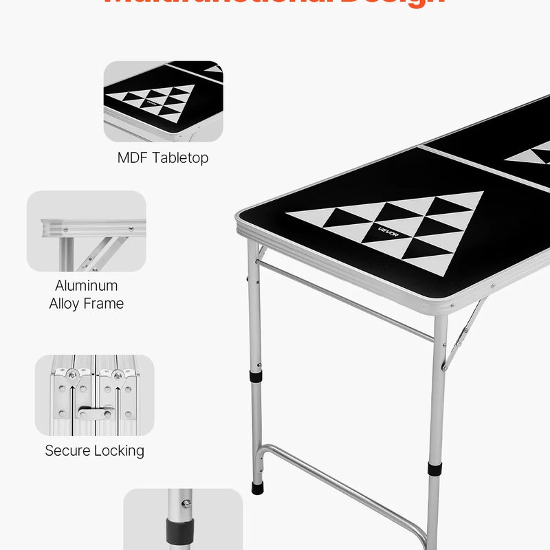 VEVOR 2,4 m pārnēsājams Beer Pong galds, salokāms ballīšu galds ar pārnēsāšanas rokturiem un 6 bumbiņām, regulējams augstums, viegls galds birojam, ballītēm, ceļošanai un kempingam, melns