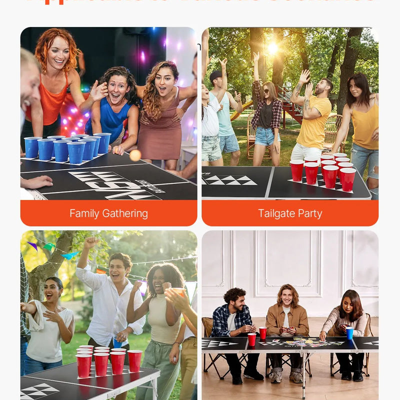 VEVOR 2,4 m pārnēsājams Beer Pong galds, salokāms ballīšu galds ar pārnēsāšanas rokturiem un 6 bumbiņām, regulējams augstums, viegls galds birojam, ballītēm, ceļošanai un kempingam, melns