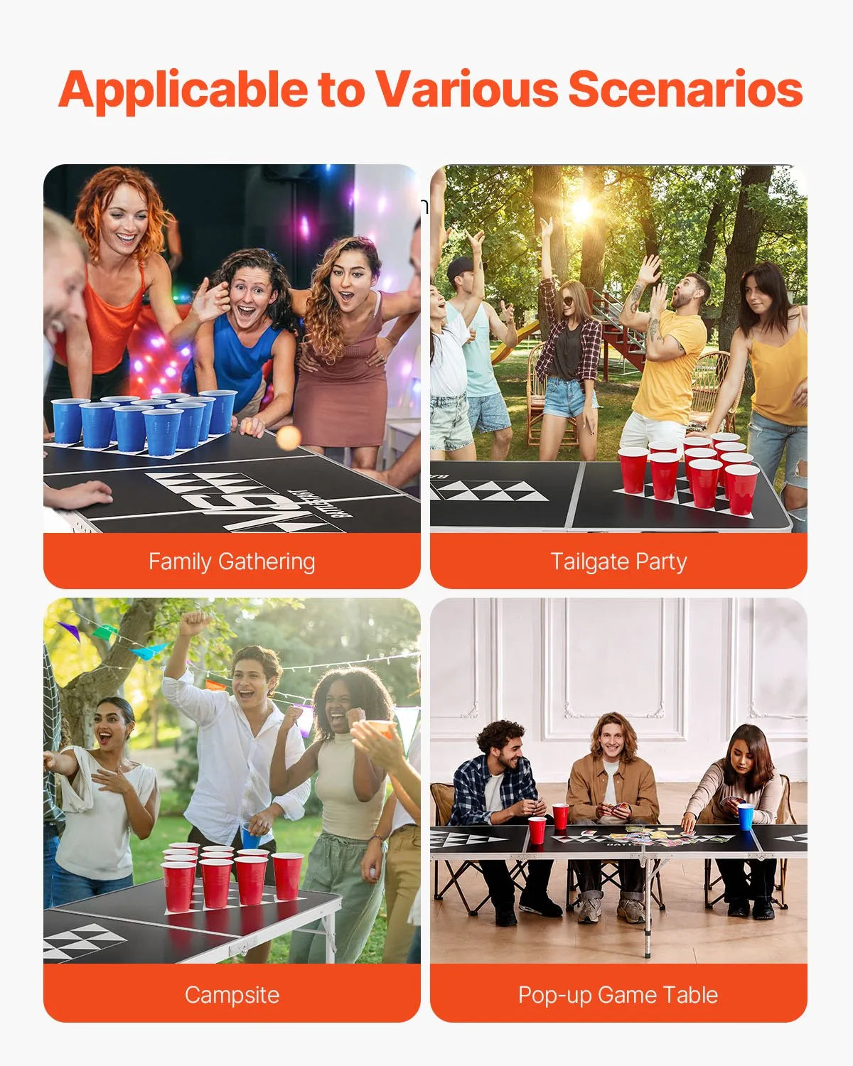VEVOR salokāms beer pong galds 240 cm ar regulējamu augstumu, rokturiem un 6 bumbiņām, melns, ballītēm un kempingam