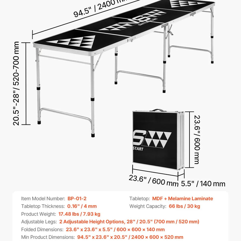 VEVOR 2,4 m pārnēsājams Beer Pong galds, salokāms ballīšu galds ar pārnēsāšanas rokturiem un 6 bumbiņām, regulējams augstums, viegls galds birojam, ballītēm, ceļošanai un kempingam, melns