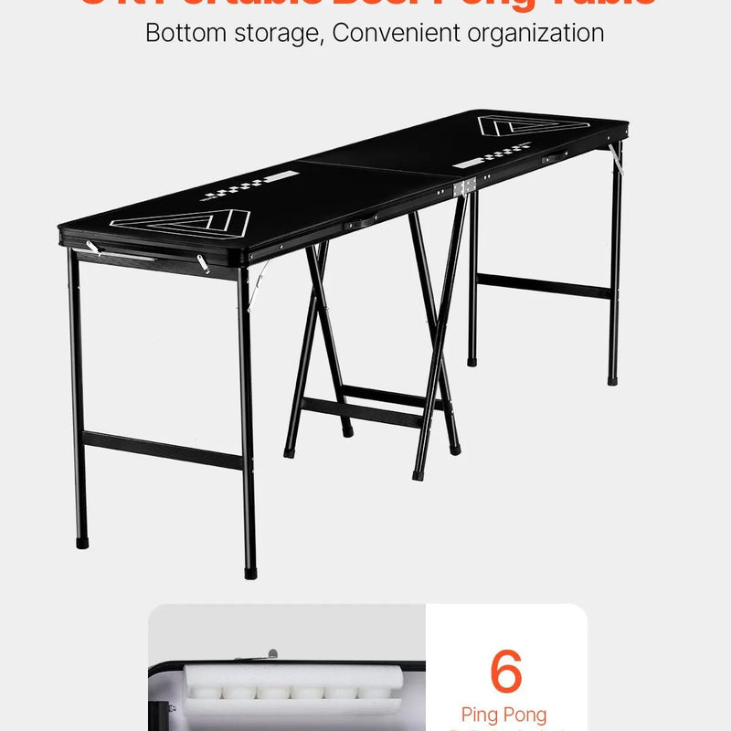 VEVOR pārnēsājams Beer Pong galds, 244 cm, salokāms galds ar 914 mm augstumu, pārnēsāšanas rokturiem un 6 bumbiņām, viegls ballīšu galds birojam, izbraukuma ballītēm, ceļošanai un kempingam, melns - ZEMLETES.LV