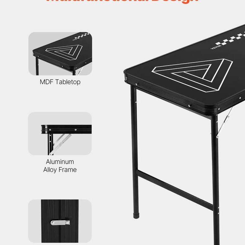 VEVOR pārnēsājams Beer Pong galds, 244 cm, salokāms galds ar 914 mm augstumu, pārnēsāšanas rokturiem un 6 bumbiņām, viegls ballīšu galds birojam, izbraukuma ballītēm, ceļošanai un kempingam, melns - ZEMLETES.LV