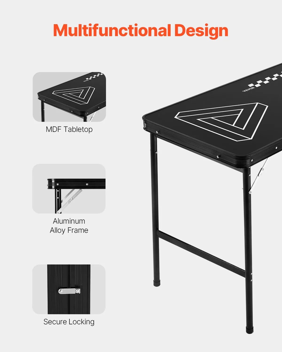 VEVOR pārnēsājams Beer Pong galds, 244 cm, salokāms galds ar 914 mm augstumu, pārnēsāšanas rokturiem un 6 bumbiņām, viegls ballīšu galds birojam, izbraukuma ballītēm, ceļošanai un kempingam, melns - ZEMLETES.LV