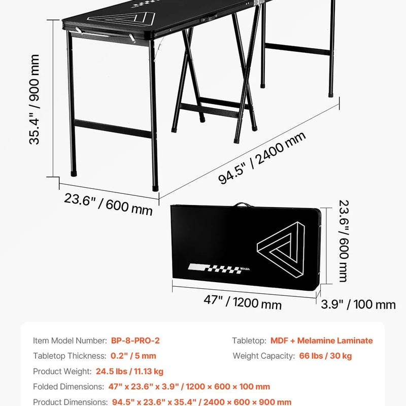 VEVOR pārnēsājams Beer Pong galds, 244 cm, salokāms galds ar 914 mm augstumu, pārnēsāšanas rokturiem un 6 bumbiņām, viegls ballīšu galds birojam, izbraukuma ballītēm, ceļošanai un kempingam, melns - ZEMLETES.LV