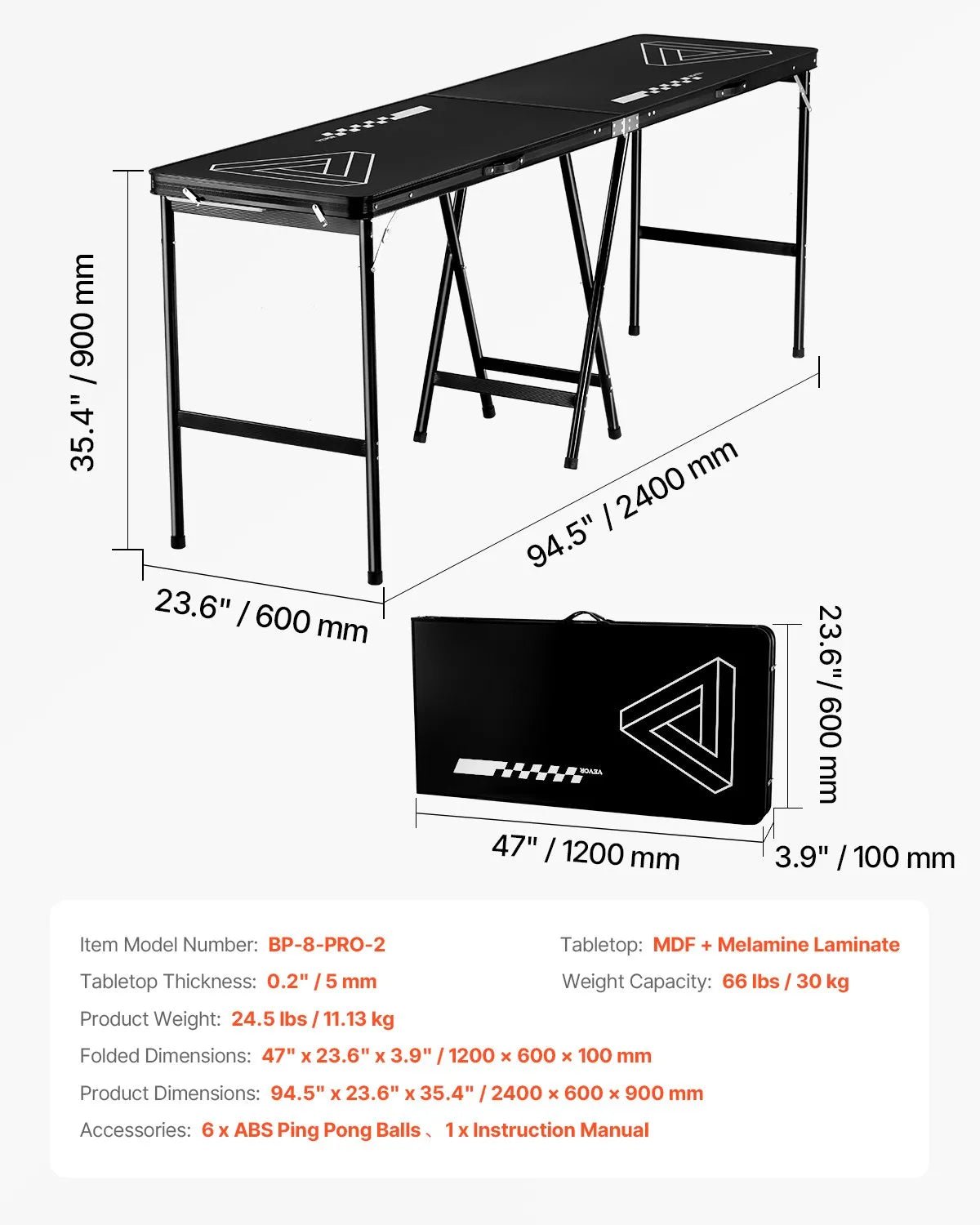 VEVOR pārnēsājams Beer Pong galds, 244 cm, salokāms galds ar 914 mm augstumu, pārnēsāšanas rokturiem un 6 bumbiņām, viegls ballīšu galds birojam, izbraukuma ballītēm, ceļošanai un kempingam, melns - ZEMLETES.LV