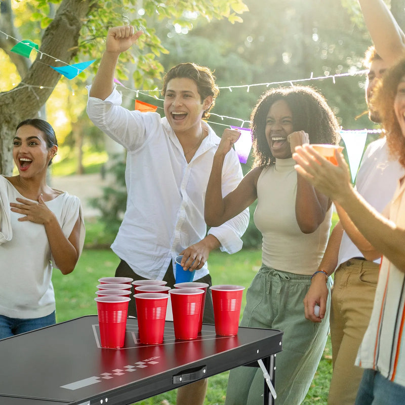 VEVOR pārnēsājams Beer Pong galds, 244 cm, salokāms galds ar 914 mm augstumu, pārnēsāšanas rokturiem un 6 bumbiņām, viegls ballīšu galds birojam, izbraukuma ballītēm, ceļošanai un kempingam, melns - ZEMLETES.LV