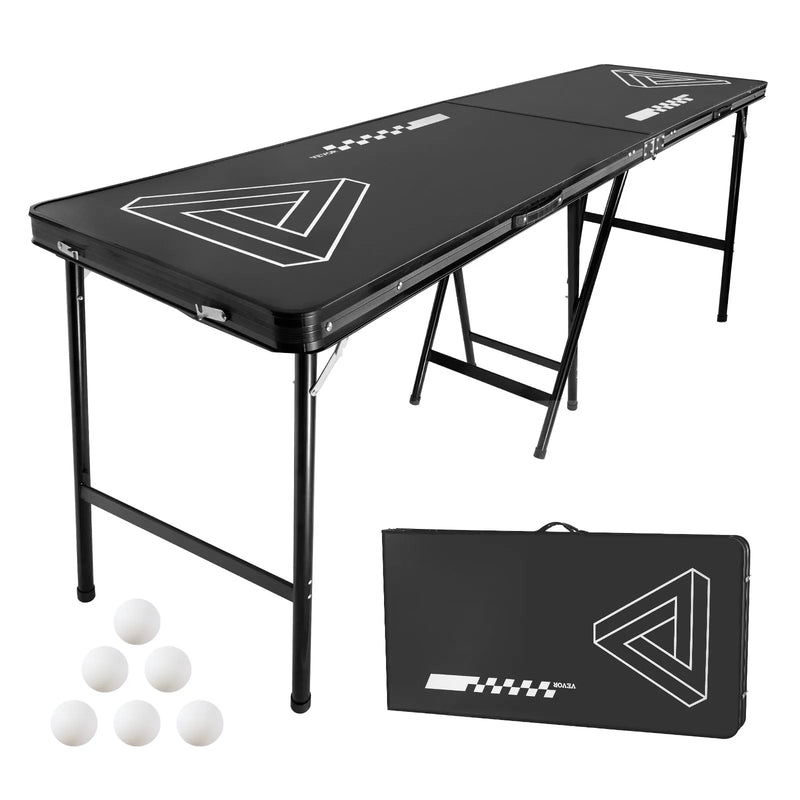 VEVOR pārnēsājams Beer Pong galds, 244 cm, salokāms galds ar 914 mm augstumu, pārnēsāšanas rokturiem un 6 bumbiņām, viegls ballīšu galds birojam, izbraukuma ballītēm, ceļošanai un kempingam, melns - ZEMLETES.LV