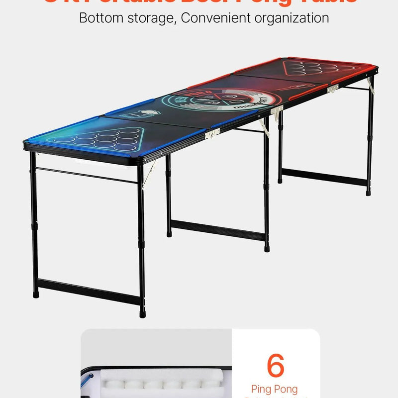 VEVOR pārnēsājams Beer Pong galds ar LED apgaismojumu, 244 cm, salokāms galds ar rokturiem pārnēsāšanai, regulējams augstums, komplektā 6 bumbiņas, viegls galds ballītēm, ceļošanai un kempingam - ZEMLETES.LV